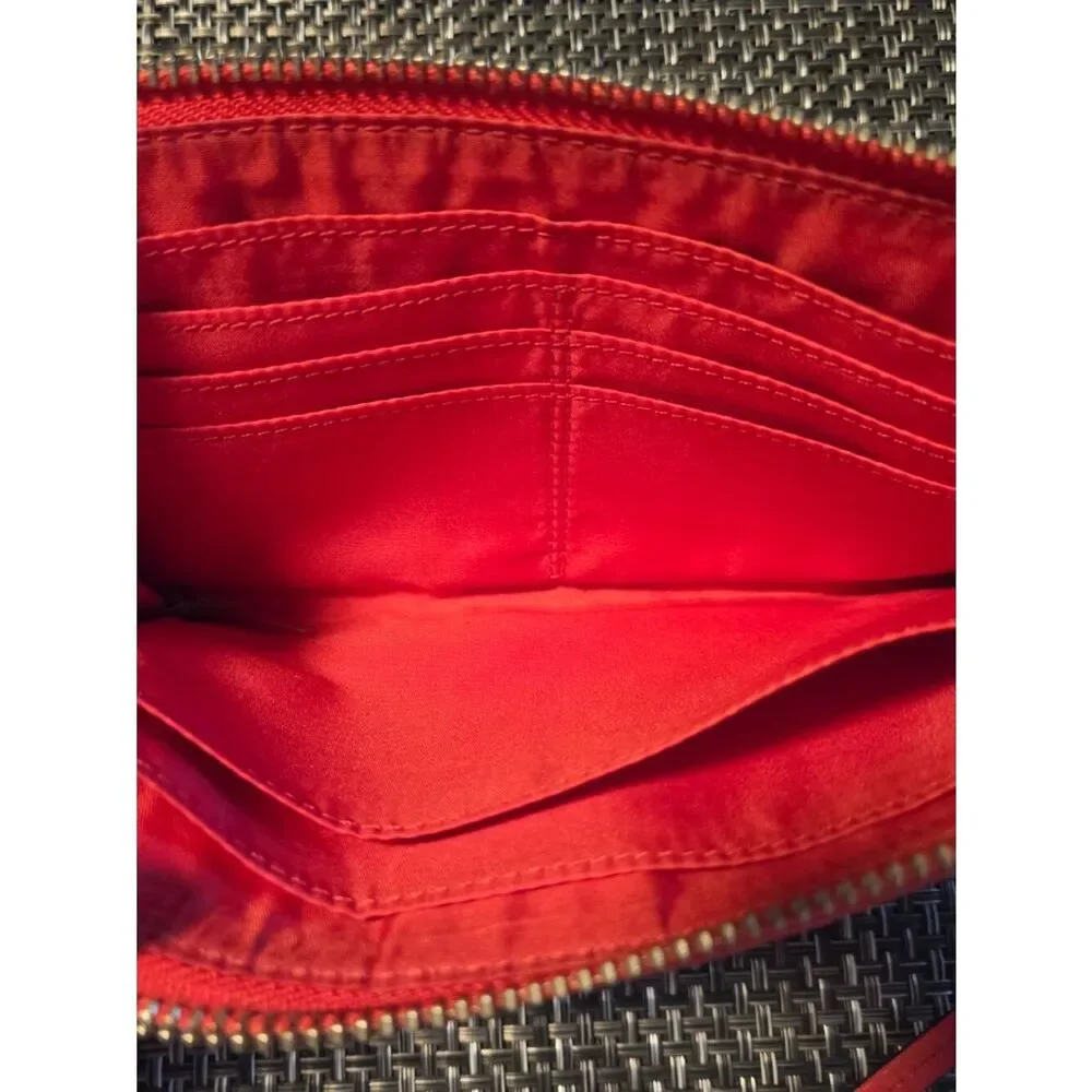 Coach Light Khaki Legacy Orange Coral Stripped Signature Wallet Wristlet